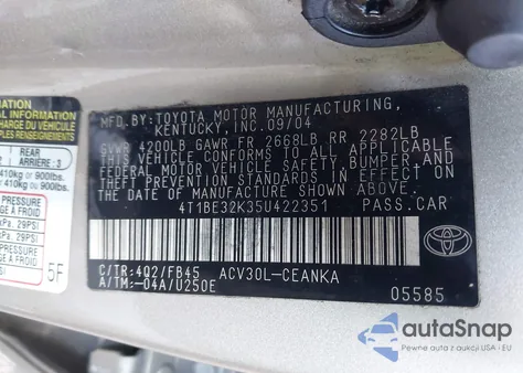 2005 Toyota Camry Le из США, поврежденный, VIN 4T1BE32K35U422351